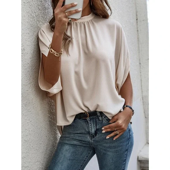 Tie Back Batwing Sleeve short sleeve Blouse black - Picture 6 of 11